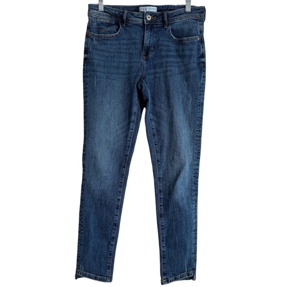 Zara Z1975 Slim Cropped Jeans Medium Wash Asymmetric Step Hem Mid Rise Size 8